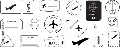 Travel stickers and badge, black and white set 