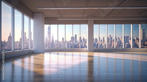 High-tech loft-style open space office. Floor-to-ceiling windows and stunning city views. White walls and natural wood floors. Empty space ready to accommodate a modern office. Mockup, Generative AI