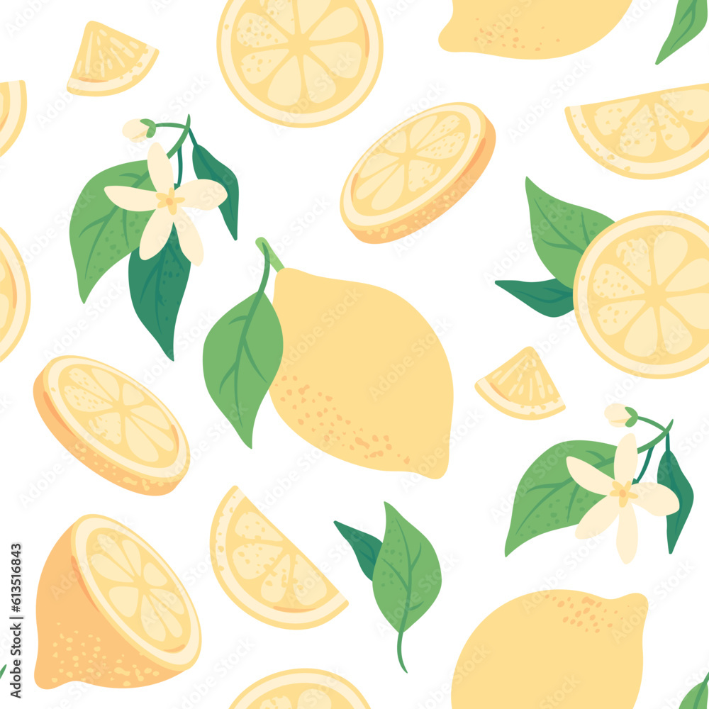 Summer juicy lemons seamless pattern, fabric or wallpaper print with lemon slices and flowers. Hand drawn texture with yellow vitamin rich citrus fruits and leaves, tropical fruit vector background
