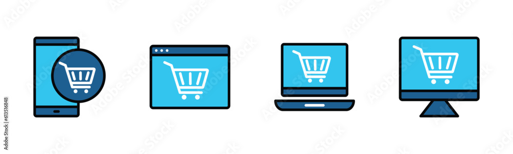E-commerce icon set. Shopping cart on electronic mobile and devices icon symbol in color style on white background with editable stroke for apps and websites. Vector illustration EPS 10 E-commerce icon set. Shopping cart on electronic mobile and devices icon symbol in color style on white background with editable stroke for apps and websites. Vector illustration EPS 10