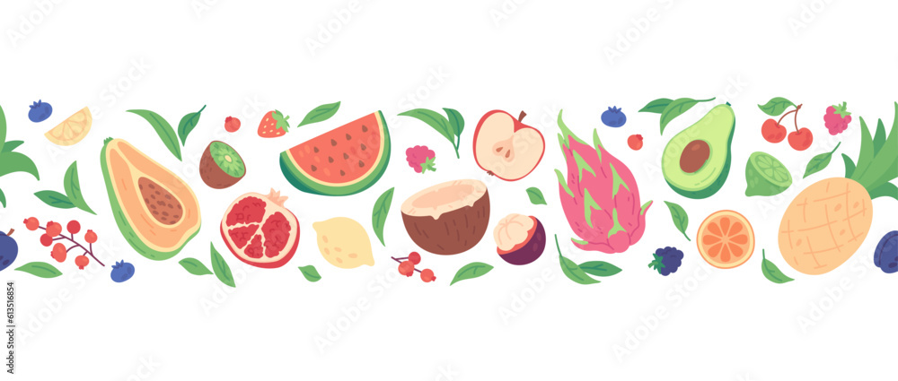 Horizontal seamless border with tropical fruits, berries and leaves. Hand drawn fruit banner with summer fresh organic ingredients, vitamin rich healthy food, print or packaging vector design element Horizontal seamless border with tropical fruits, berries and leaves. Hand drawn fruit banner with summer fresh organic ingredients, vitamin rich healthy food, print or packaging vector design element