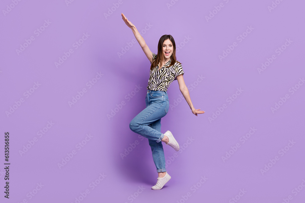 Full body photo of wearing retro zebra print shirt woman hands wings careless weekend party dancehall isolated on violet color background