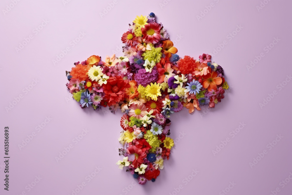 Culture and religion concept. Top view of christian cross made of various colorful flowers blossoms and placed on bright background with copy space. Generative AI