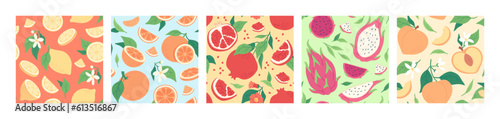 Cute summer seamless pattern with exotic fruits, fresh sliced orange and peach. Hand drawn citrus lemon fabric print, pomegranate wallpaper texture, juicy tropical fruit background patterns vector set