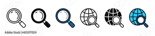 Search icon. Magnifying glass line and flat icon with globe or world symbol. Magnifier loupe icon for apps and websites. Vector illustration
