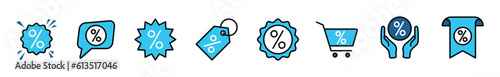 Discount promotion in blue color icon collection. Shopping tag, cart, coupon, label, sticker, badge, speech bubble with percentage symbol for apps and websites. Vector illustration