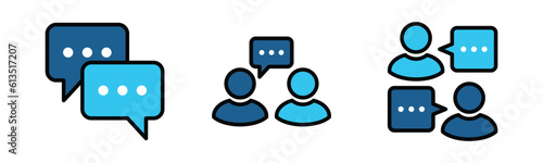 Communication, conversation, dialogue, talking, chatting in blue color icon collection. People with talk bubble speech icon symbol with editable stroke for apps and websites. Vector illustration