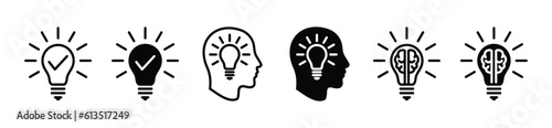 Idea and creativity icon set. Thinking, innovation, Lightbulb with brain icon symbol in line and flat style with editable stroke for apps and websites. Vector illustration