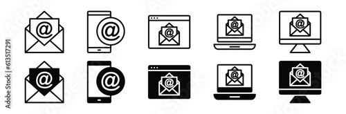 Mail icon set. E-mail marketing icon. Email in line and flat icon. Envelope symbol on electronic and devices with editable stroke for apps and websites. Vector illustration EPS 10
