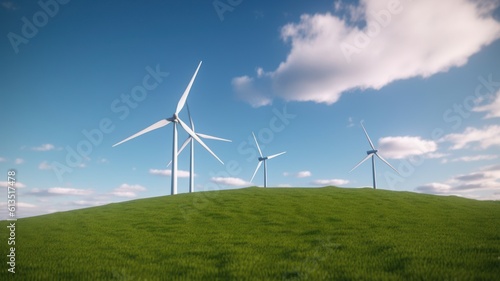 Wind turbines on the green field against the blue sky. Production of renewable green energy. Sustainable development concept. Mock up, 3D rendering. Generative AI