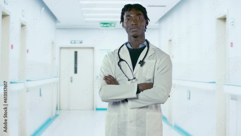 A black male doctor adjusts a stethoscope against the backdrop of a hospital corridor. A black male doctor adjusts a stethoscope against the backdrop of a hospital corridor.