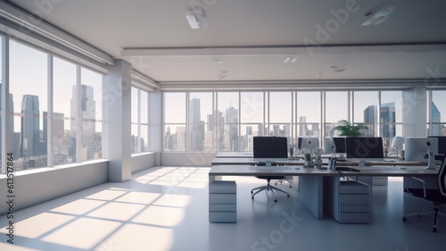 Hi-tech open space office with floor-to-ceiling windows and city view. Light-colored concrete walls and floors, large tables, comfortable chairs, desktop computers, plants in floor tubs. Generative AI