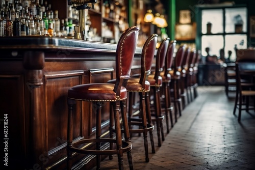 Artsy Perspective of Bar Stool Chairs at a Vintage Bar (Made with Generative AI)