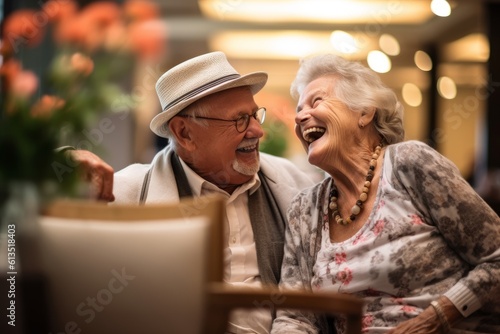 a candid photo of a cute old people couple laughing and having fun in the retirement house. couple with grey hair glasses and hat. Generative AI