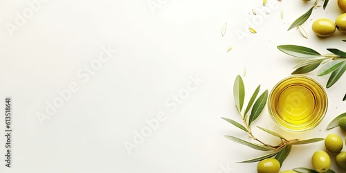 Healthy lifestyle. Fresh organic olive oil. Bottle on branch with white background copy space