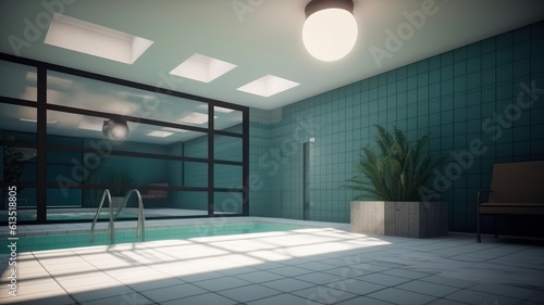 Indoor swimming pool in a luxury modern home. Blue tiled walls and white tiled floor, ceiling with skylights, plant in a floor pot, glass partition. 3D rendering. Generative AI © Georgii