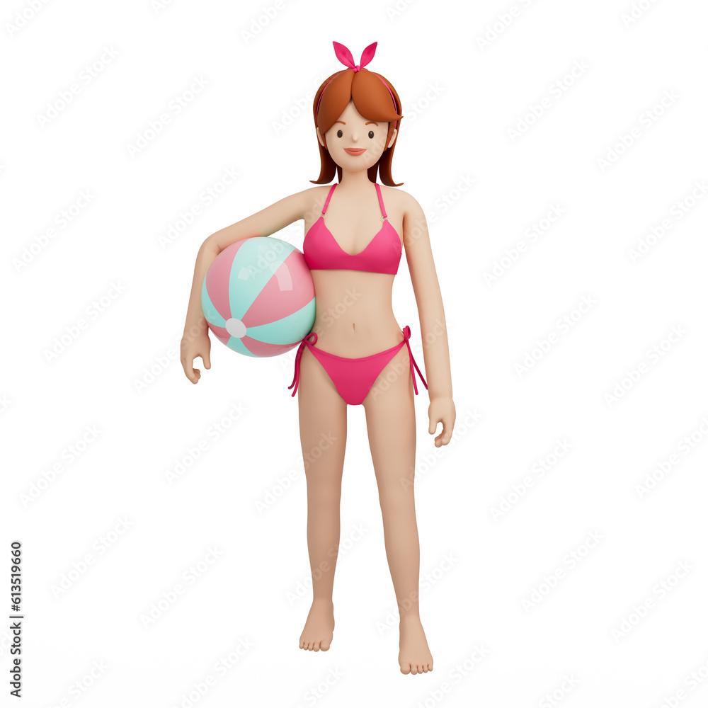 3d character. Woman in bikini holding beach ball. Isolated on white background with clipping path. 3d rendering 3d character. Woman in bikini holding beach ball. Isolated on white background with clipping path. 3d rendering
