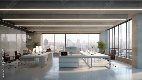 Loft-style hi-tech open space office with floor-to-ceiling windows and city view. Light-colored concrete walls and floors, large tables, comfortable chairs, desktop computers, plants in Generative AI © Georgii