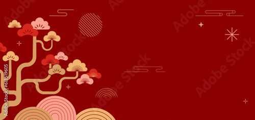 Chinese New Year background. Red and gold Chinese landscape with pine trees and mountains, geometrical modern style