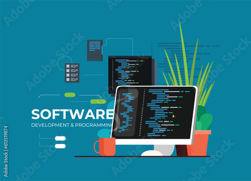 Software development and programming, program code on laptop screen, big data processing, computing isometric