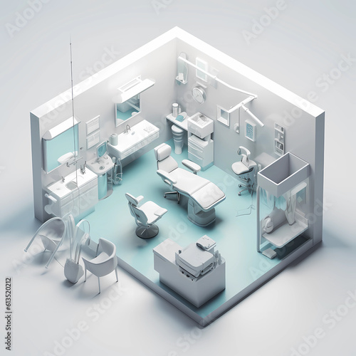 Detailed isometric dental office with dentist chair and equipment on isolated background