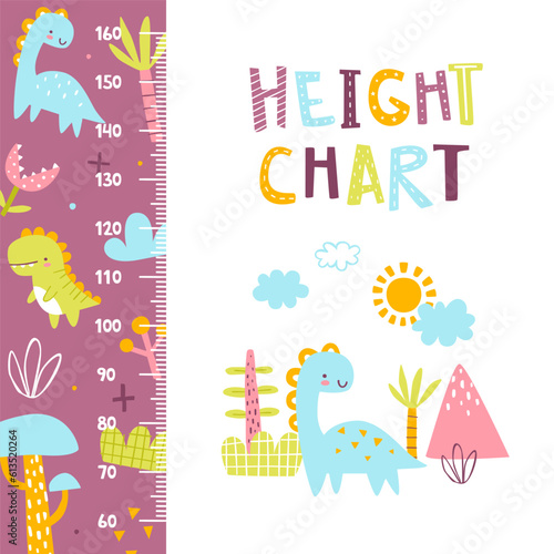 Height chart with cute dino. Scandinavian ruler with funny dinosaurs. Purple jurassic stadiometer for baby boys.