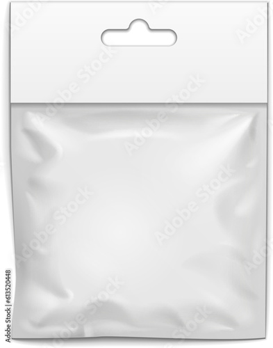 Blank Plastic Pocket Bag. Transparent. With Hang Slot. Illustration Isolated On White Background. Mock Up Template Ready For Your Design. Vector EPS10