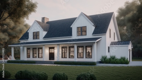 Classic American suburban modern farmhouse. Two story, white siding walls, dark shingle roof, spacious porch, neatly trimmed lawn, bright morning light. Generative AI