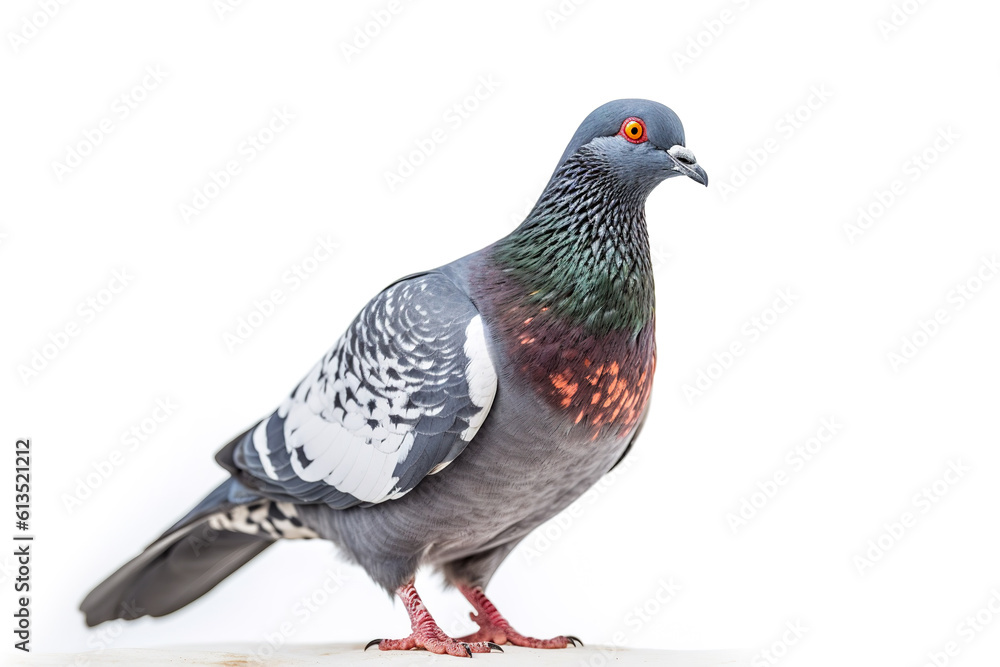 Fototapeta premium Image of pigeon standing on white background. Wildlife Animals. Illustration. Generative AI.