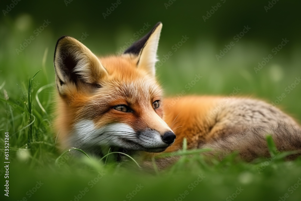 Image of fox resting on green pasture grass on summer. Wildlife Animals. Illustration. Generative AI. Image of fox resting on green pasture grass on summer. Wildlife Animals. Illustration. Generative AI.
