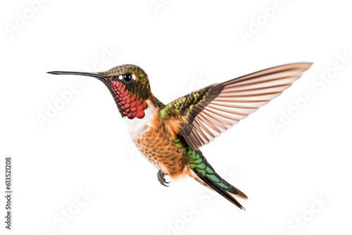 Image of hummingbird is flying on white background. Bird. Wildlife Animals. Illustration. Generative AI.