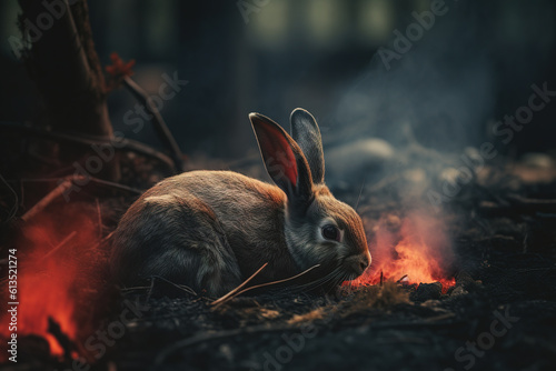 Image of rabbit exhausted in the midst of wildfires and smoke. Wildlife Animals. Illustration. Generative AI.