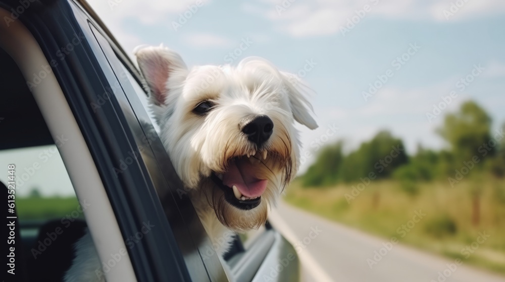 Adorable white fluffy dog maltese puppy looking out the car window Generative AI Adorable white fluffy dog maltese puppy looking out the car window Generative AI