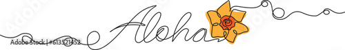 continuous single line drawing of word ALOHA with colorful flower, line art vector illustration
