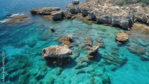 Aerial view of the beaches of Ses Illetes on the island of Formentera. Generative Ai photo