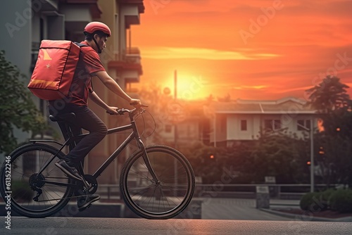 young man on bike delivering food and groceries sunset generative ai