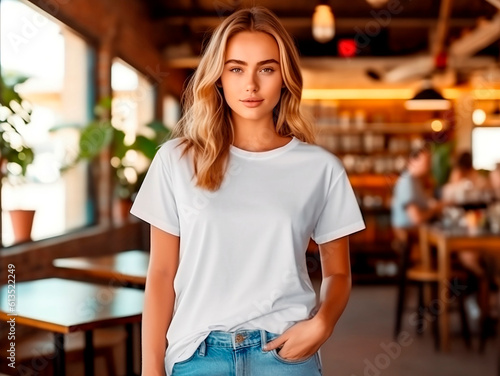 Fényképezés Hipster girl wearing blank white t-shirt and jeans posing against the backdrop o