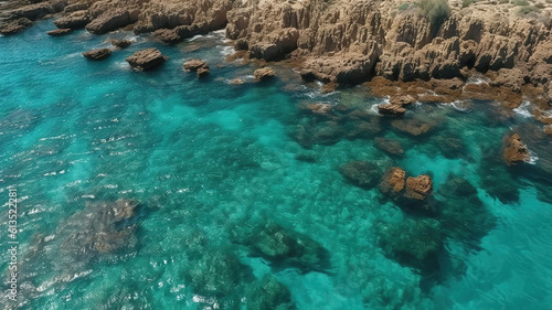 Aerial view of drone flying above beautiful beach. Generative Ai