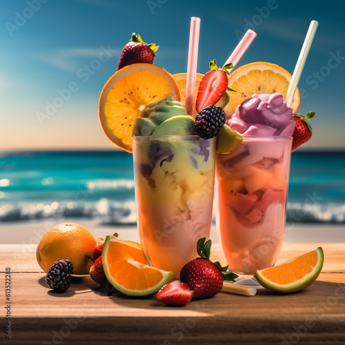 Ein leckerer Eis-Cocktail am Strand ist die perfekte Erfrischung an heißen Sommertagen. Mit fruchtigen Aromen, kühlem Eis und exotischen Zutaten entführt er uns zum Genuss photo