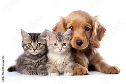 banner for a pet shop a dog and two kittens on a white on white background generative ai
