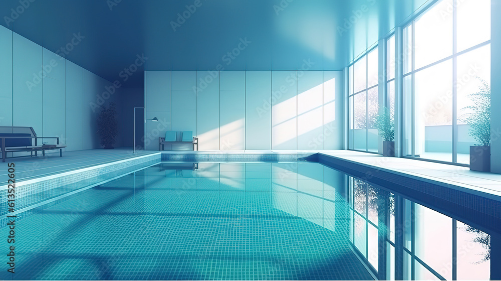 Obraz premium Interior view of swimming bath with pool with indoor laps. Generative Ai