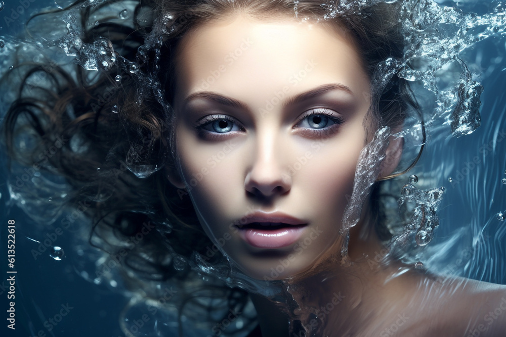 Beautiful young woman with water splash on her face. Blue background. Close-up female face with water splashes on face. . Face care, Facial treatment, Cosmetology, beauty and spa, AI generated Beautiful young woman with water splash on her face. Blue background. Close-up female face with water splashes on face. . Face care, Facial treatment, Cosmetology, beauty and spa, AI generated