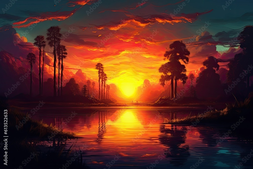 custom made wallpaper toronto digitalhand drawn landscape painted landscape 3d sunset on the beach. Sun reflection in water. Futuristic landscape. Digital landscape cyber surface. generative ai