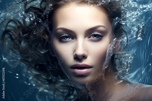 Beautiful young woman with water splash on her face. Blue background. Close-up female face with water splashes on face. . Face care, Facial treatment, Cosmetology, beauty and spa, AI generated