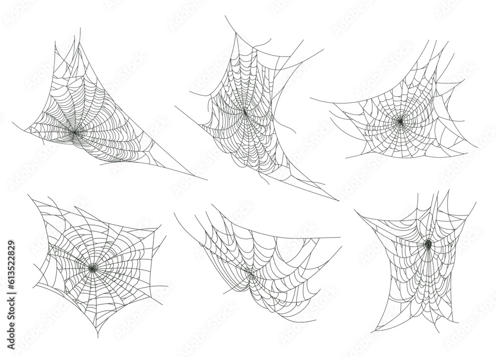 Halloween spider web. Spooky horror halloween cobweb decor flat vector illustration set. Hanging halloween spider webs