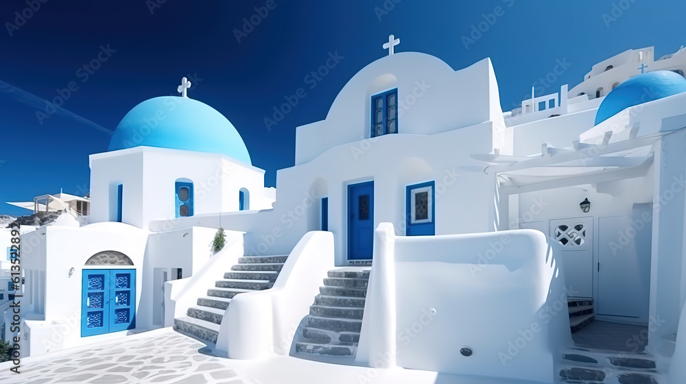 White architecture on Santorini island, Greece. Generative Ai