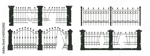 Halloween cemetery fence silhouettes. Haunted and creepy cemetery gates, spooky horror halloween decorations flat vector illustration set. Churchyard fences collection