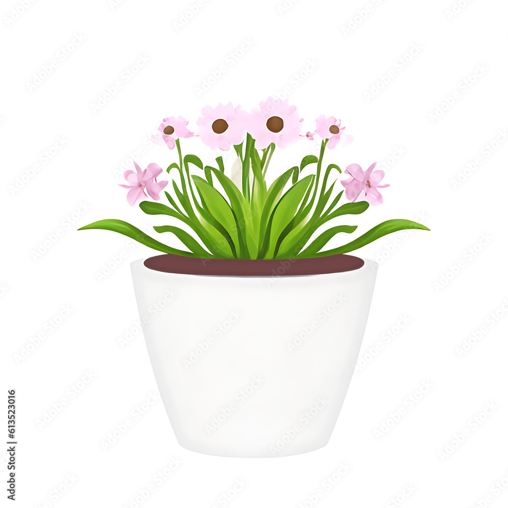Flowerpot with pink flowers isolated on white background. Vector illustration.