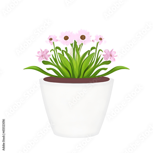 Flowerpot with pink flowers isolated on white background. Vector illustration.