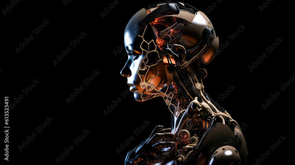 Portrait of android robot or humanoid girl on a black isolated background. AItechnology, portrait of futuristic robot or fantastic cyborg for virtual reality role-playing games, games or cyberpunk. AI